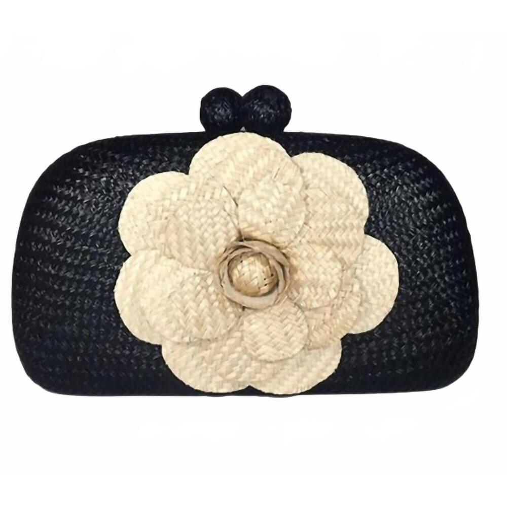 NEW SERPUI women's mia flower bun clutch bag in black/sand